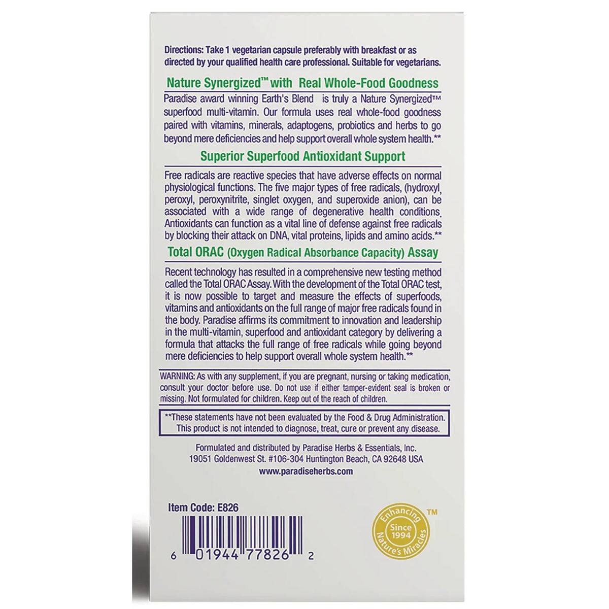 Earth's Blend Multi-Vitamin One Daily Superfood No Iron
