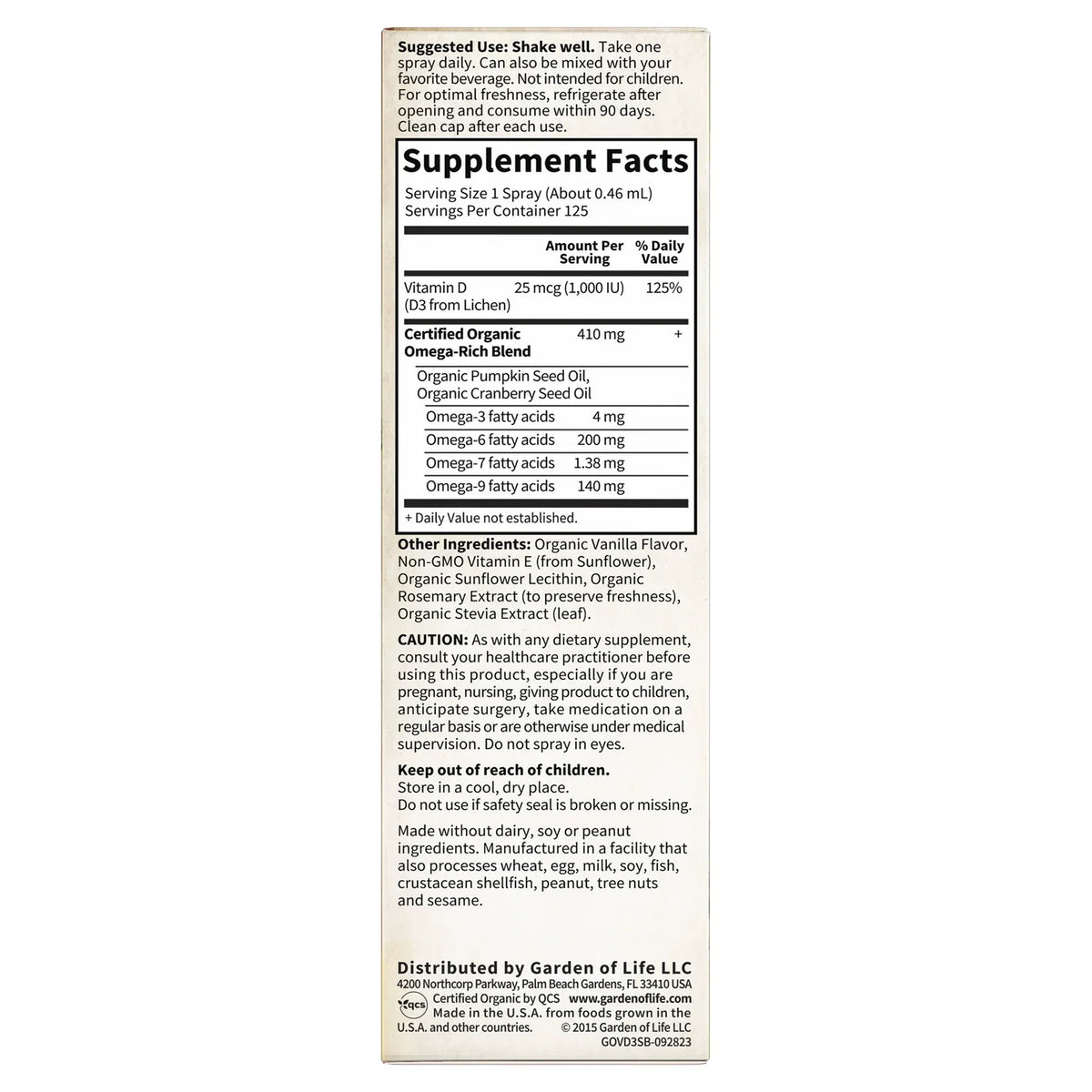 Organics Vegan D3 Organic Spray - Vanilla